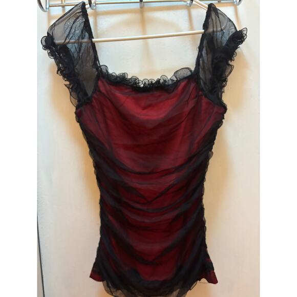 Boston Proper Black and Red Blouse with lace ruffles on the neckline and sleeve - Picture 2 of 5